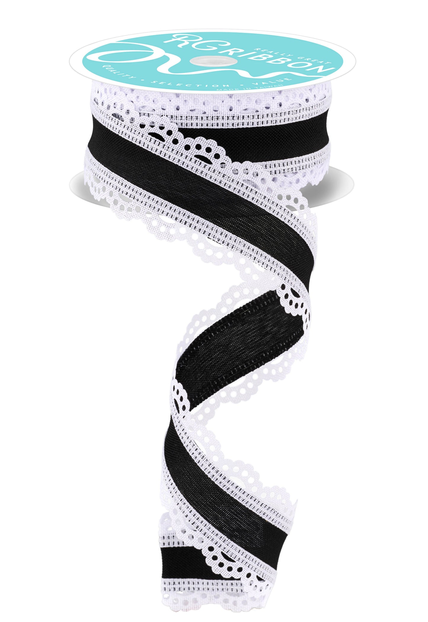 Wired Ribbon * Scalloped Edge * Black/White Canvas * 1.5" x 10 Yards * RGA154102