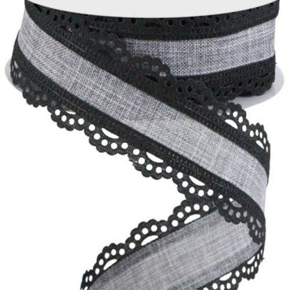 Wired Ribbon * Scalloped Edge * Light Black and Grey Canvas * 1.5" x 10 Yards * RGA154110