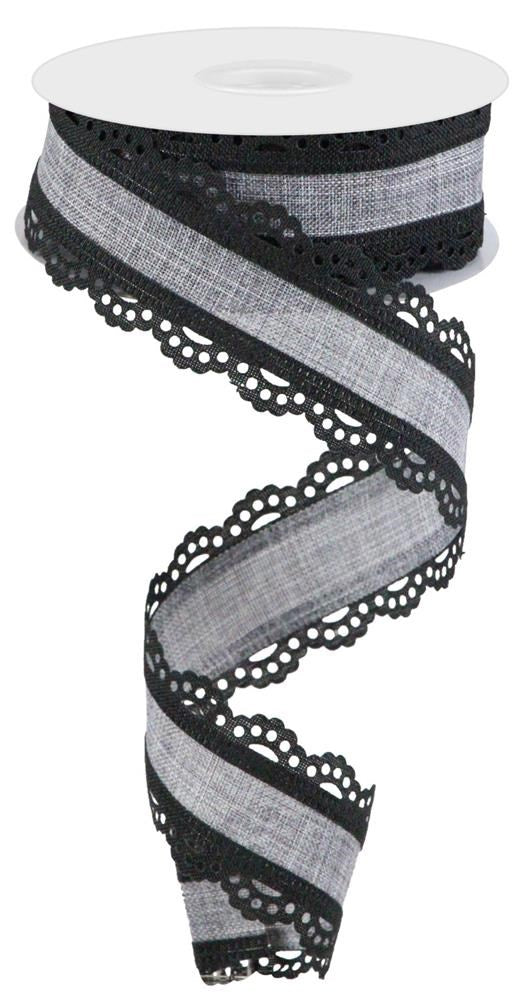 Wired Ribbon * Scalloped Edge * Light Black and Grey Canvas * 1.5" x 10 Yards * RGA154110