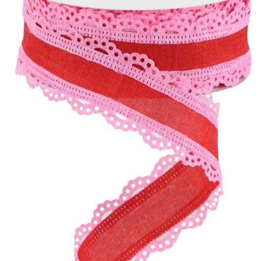Wired Ribbon * Scalloped Edge * Red and Light Pink Canvas * 1.5" x 10 Yards * RGA15418F