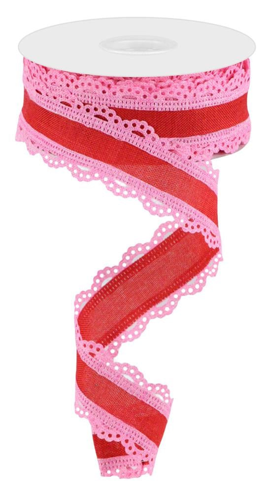 Wired Ribbon * Scalloped Edge * Red and Light Pink Canvas * 1.5" x 10 Yards * RGA15418F