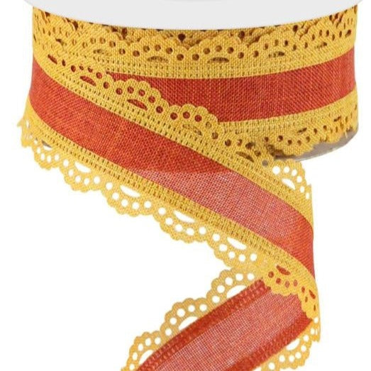 Wired Ribbon * Scalloped Edge * Dark Mustard/Rust Canvas * 1.5" x 10 Yards * RGA1541F4