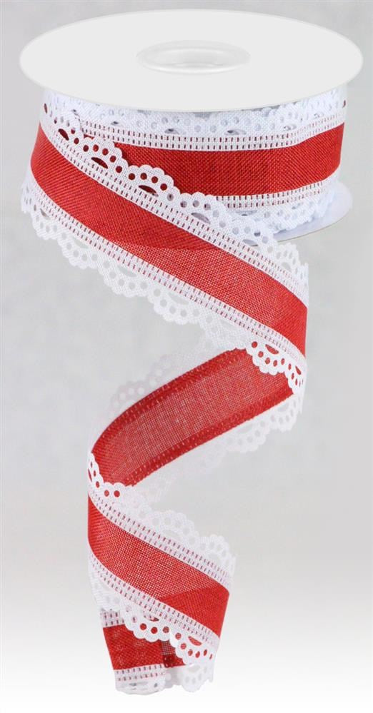 Wired Ribbon * Scalloped Edge * Red and White Canvas * 1.5" x 10 Yards * RGA1541W7