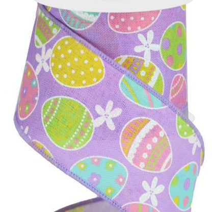 Easter Wired Ribbon * Easter Eggs * Glitter * Lavender, Lt. Pink, Green and Yellow Canvas  * 2.5" x 10 Yards * RGA165773