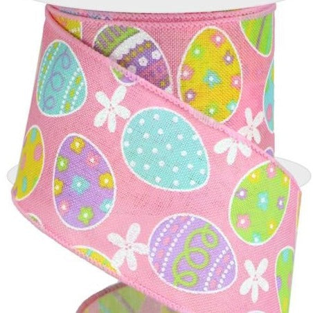 Easter Wired Ribbon * Easter Eggs * Glitter * Lt. Pink/Yellow/Green/Lavender Canvas  * 2.5" x 10 Yards * RGA1657W2