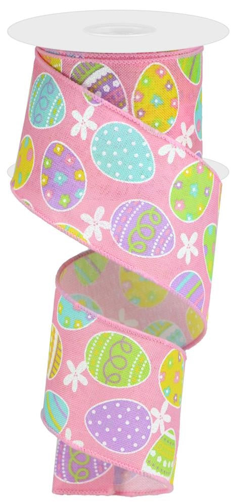 Easter Wired Ribbon * Easter Eggs * Glitter * Lt. Pink/Yellow/Green/Lavender Canvas  * 2.5" x 10 Yards * RGA1657W2