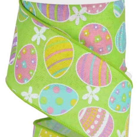 Easter Wired Ribbon * Easter Eggs * Glitter * Green/Lt Pink/Yellow/Lavender Canvas  * 2.5" x 10 Yards * RGA1657X3