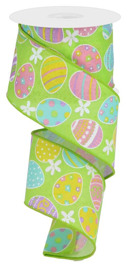 Easter Wired Ribbon * Easter Eggs * Glitter * Green/Lt Pink/Yellow/Lavender Canvas  * 2.5" x 10 Yards * RGA1657X3