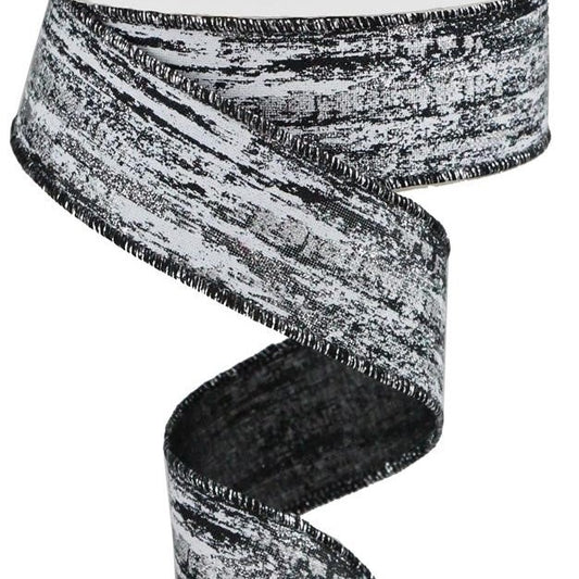 Wired Ribbon * Glitter Metallic Streaks * Black, White and Silver Canvas  * 1.5" x 10 Yards  Canvas * RGA191702