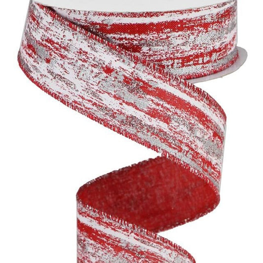 Wired Ribbon * Glitter Metallic Streaks * Red, White and Silver Canvas  * 1.5" x 10 Yards  Canvas * RGA191724
