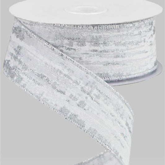 Wired Ribbon * Glitter Metallic Streaks * White/Silver Canvas  * 1.5" x 10 Yards  Canvas * RGA191727