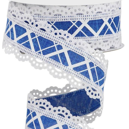 Wired Ribbon * Scalloped Edge / Line Check * Royal Blue and White * 1.5" x 10 Yards * RGA856525  * Canvas