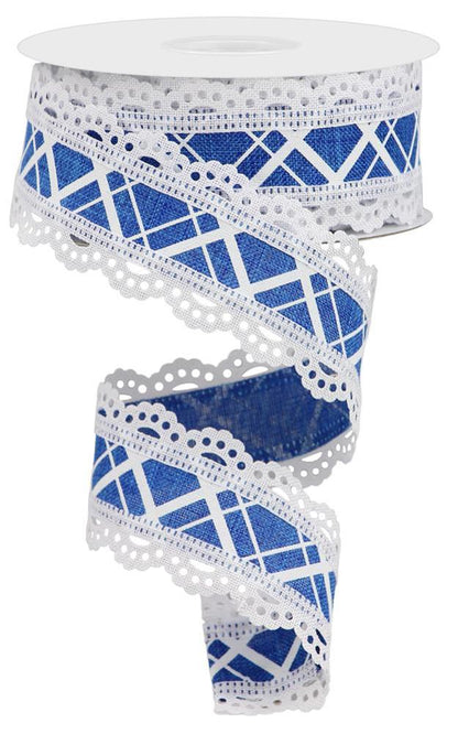 Wired Ribbon * Scalloped Edge / Line Check * Royal Blue and White * 1.5" x 10 Yards * RGA856525  * Canvas