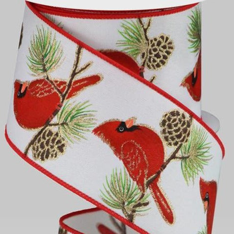 Wired Ribbon * Cardinal on Pine Branch * White/Red/Green/Brown Canvas * 2.5" x 10 Yards * RGB134827