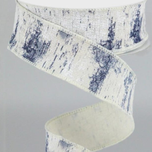 Wired Ribbon * Birch Bark * Ivory/Smoke Blue/Navy Cotton Canvas * 1.5" x 10 Yards * RGC112119