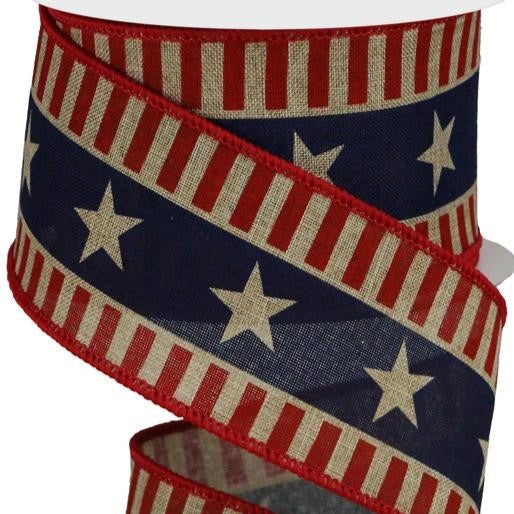 Patriotic Wired Ribbon * Bold Stars and Stripes * Red, Lt. Beige and Blue * 2.5" x 10 Yards * RGC115301 * Royal Canvas