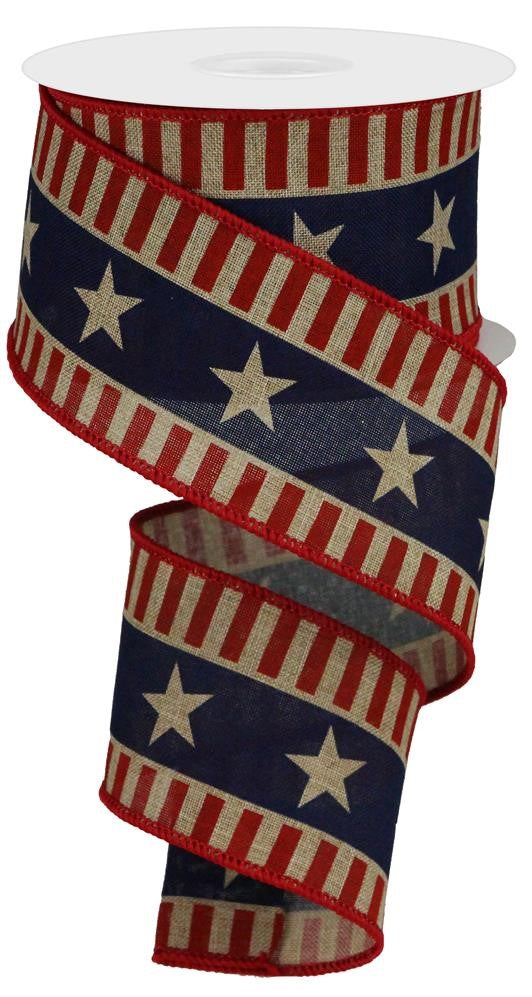 Patriotic Wired Ribbon * Bold Stars and Stripes * Red, Lt. Beige and Blue * 2.5" x 10 Yards * RGC115301 * Royal Canvas