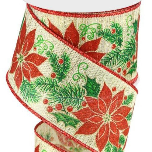 Wired Ribbon * Poinsettia, Pine and Berries * Gold, Red and Green  * 2.5" x 10 Yards * RGC133708