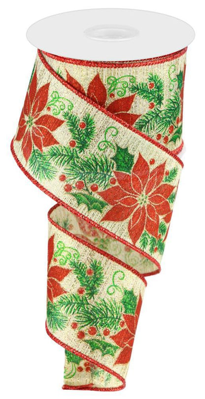 Wired Ribbon * Poinsettia, Pine and Berries * Gold, Red and Green  * 2.5" x 10 Yards * RGC133708