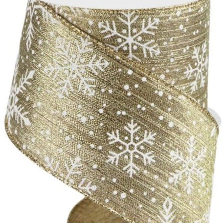 Wired Ribbon * Snowflakes and Snow on Metallic  * Gold/Silver  * 2.5" x 10 Yards  Canvas * RGC136408