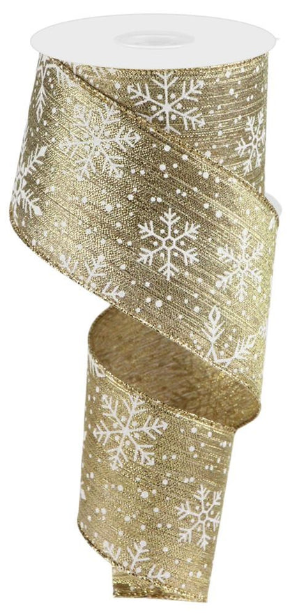 Wired Ribbon * Snowflakes and Snow on Metallic  * Gold/Silver  * 2.5" x 10 Yards  Canvas * RGC136408