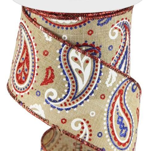 Wired Ribbon * Patriotic Paisley *  Lt. Beige, Red, White and Royal Blue * 2.5" x 10 Yards Canvas * RGC1382CJ