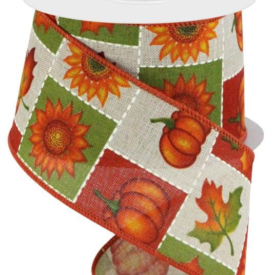 Wired Ribbon * Pumpkins, Sunflowers and Maple Leaves * Natural, Moss Green, Orange, Rust and Brown * 2.5" x 10 Yards * RGC140118