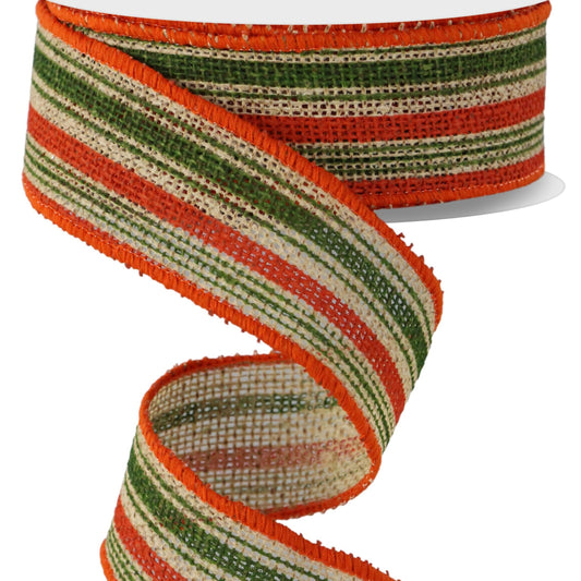 Wired Ribbon * Vertical Stripe/Faux Burlap * Natural/Orange/Moss Green * 1.5" x 10 Yards * RG1469T3