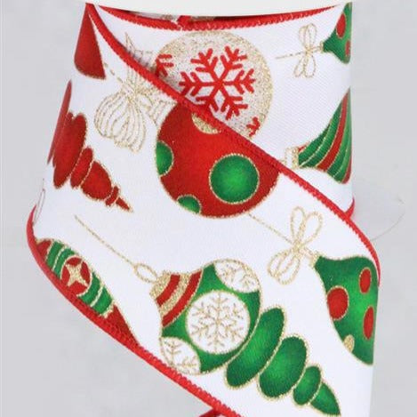 Wired Ribbon * Hanging Christmas Ornaments * White/Red/Green/Gold Canvas  * 2.5" x 10 Yards * RGC169027