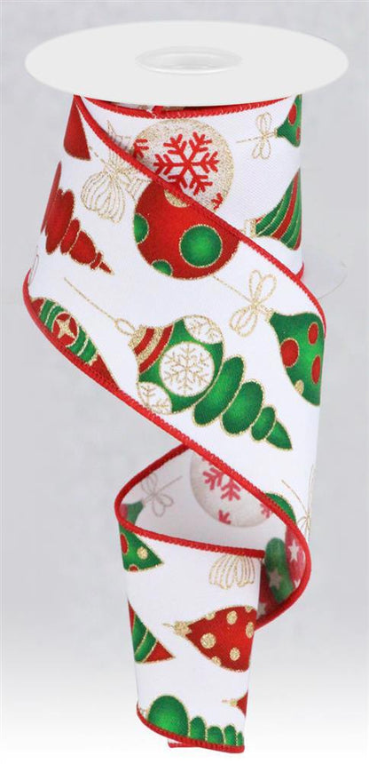 Wired Ribbon * Hanging Christmas Ornaments * White/Red/Green/Gold Canvas  * 2.5" x 10 Yards * RGC169027