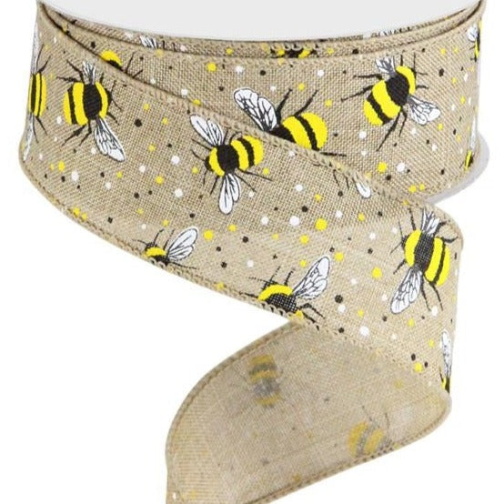 Wired Ribbon * Bumble Bees * Lt. Beige, White, Yellow and Black Canvas * 1.5" x 10 Yards * RGC179701