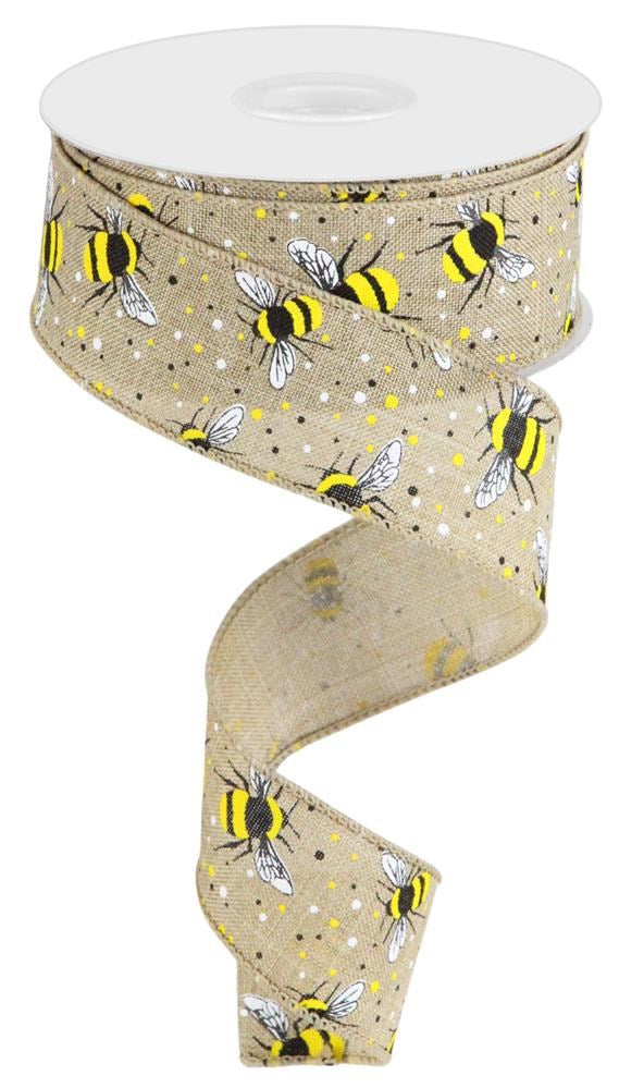 Wired Ribbon * Bumble Bees * Lt. Beige, White, Yellow and Black Canvas * 1.5" x 10 Yards * RGC179701