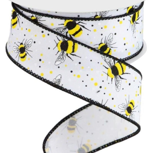 Wired Ribbon * Bumble Bees * White, Yellow and Black Canvas * 1.5" x 10 Yards * RGC1797J3