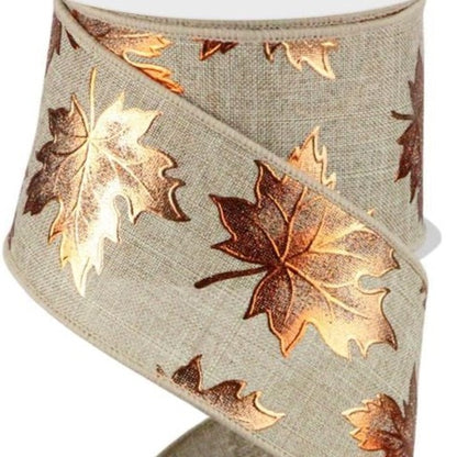 Wired Ribbon * Foil Maple Leaves * Copper on Beige * 2.5" x 10 Yards Canvas * RGC183401