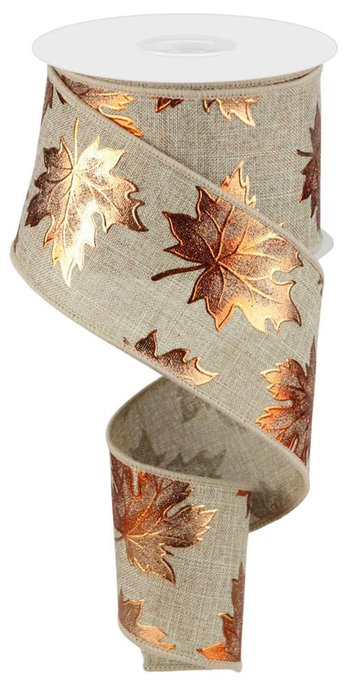 Wired Ribbon * Foil Maple Leaves * Copper on Beige * 2.5" x 10 Yards Canvas * RGC183401