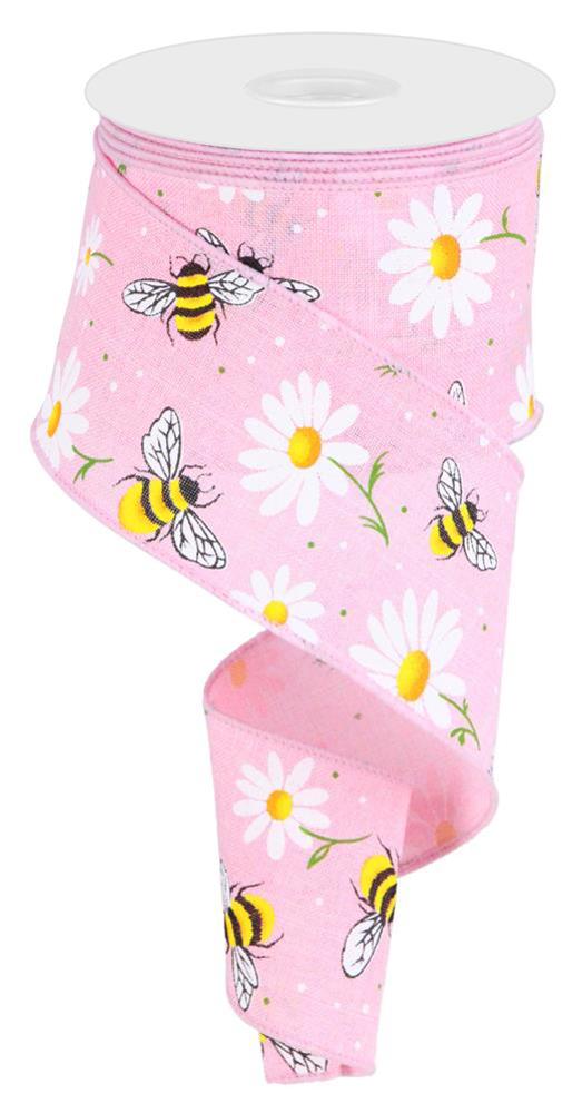 Wired Ribbon * Bumble Bees And Daisies * Lt. Pink, White, Yellow, Green, Orange and Black * 2.5" x 10 Yards * RGC184815