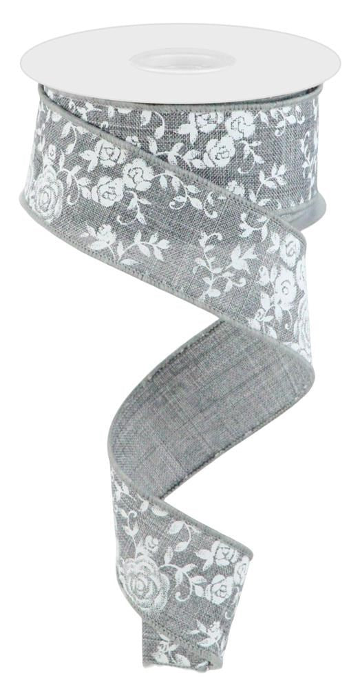 Wired Ribbon * Mini Rose * New Grey and White * 1.5" x 10 Yards * Canvas * RGC186010