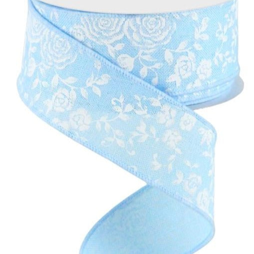 Wired Ribbon * Mini Rose * Pale Blue and White * 1.5" x 10 Yards * Canvas * RGC186014