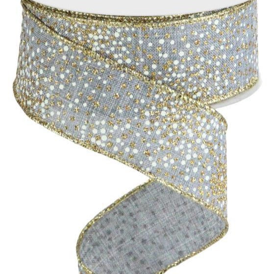 Wired Ribbon * Glitter Dots * Gold/Laser Gold/Grey * 1.5" x 10 Yards Canvas * RGC1909NJ