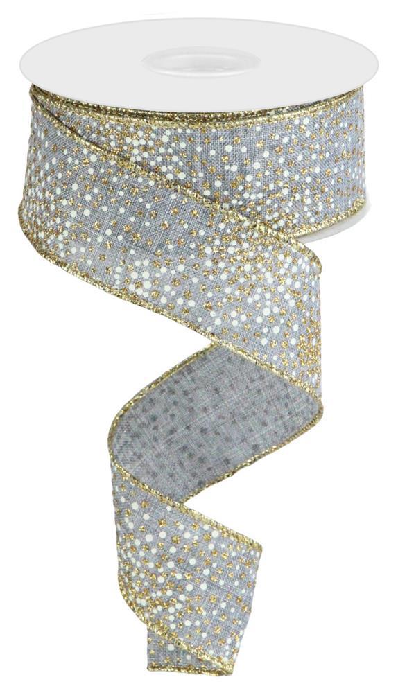 Wired Ribbon * Glitter Dots * Gold/Laser Gold/Grey * 1.5" x 10 Yards Canvas * RGC1909NJ