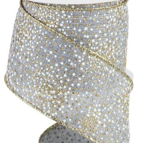 Wired Ribbon * Glitter Dots * Gold/Laser Gold/Grey * 2.5" x 10 Yards Canvas * RGC1910NJ