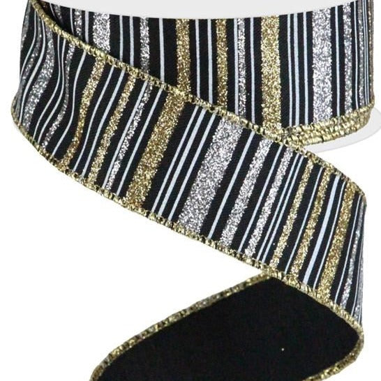 Wired Ribbon * Glitter Stripe * Black, Gold, White and Silver * 1.5