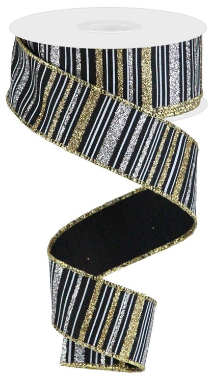 Wired Ribbon * Glitter Stripe * Black, Gold, White and Silver * 1.5" x 10 Yards * Canvas * RGC195302