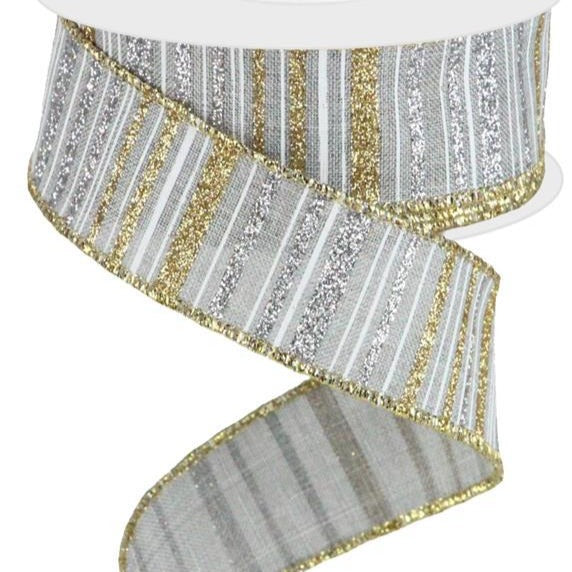 Wired Ribbon * Glitter Stripe * Lt Grey, Gold and Silver * 1.5" x 10 Yards Canvas * RGC195510