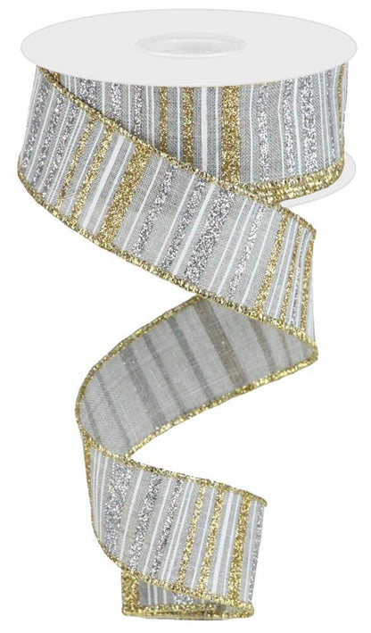 Wired Ribbon * Glitter Stripe * Lt Grey, Gold and Silver * 1.5" x 10 Yards Canvas * RGC195510