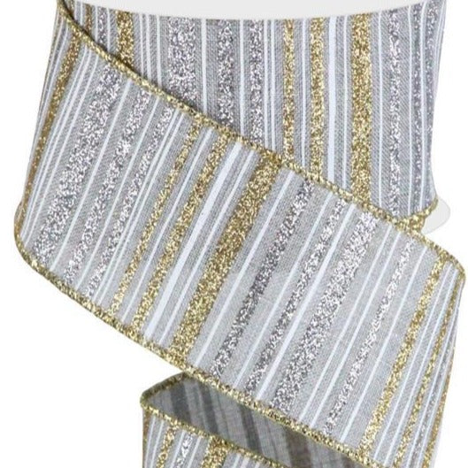 Wired Ribbon * Glitter Stripe * Lt Grey, Gold and Silver * 2.5" x 10 Yards Canvas * RGC195610