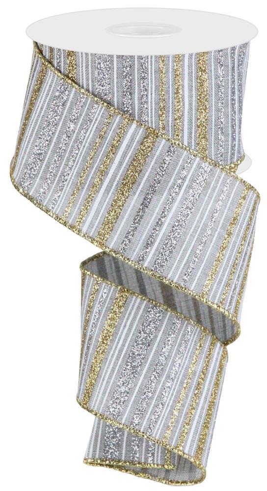 Wired Ribbon * Glitter Stripe * Lt Grey, Gold and Silver * 2.5" x 10 Yards Canvas * RGC195610