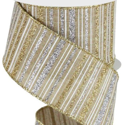 Wired Ribbon * Glitter Stripe * Lt Beige, Gold and Silver * 2.5" x 10 Yards Canvas * RGC195672