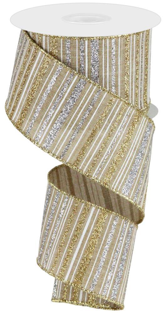 Wired Ribbon * Glitter Stripe * Lt Beige, Gold and Silver * 2.5" x 10 Yards Canvas * RGC195672