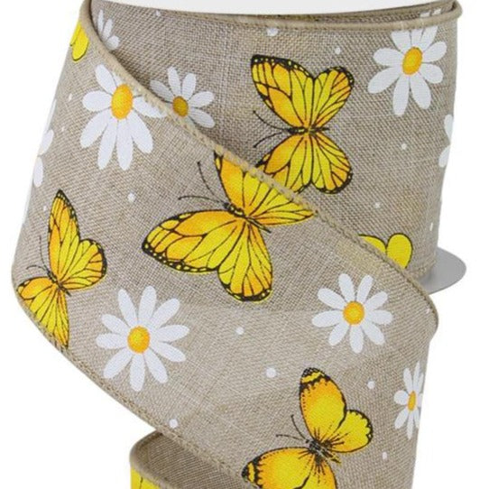 Rgc Ribbon Wired Ribbon * Butterflies And Daisies * Natural/White/Yellow/Gold/Bla ...